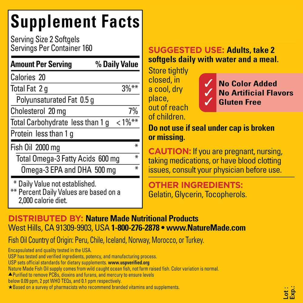 Serving tip shows two softgels with water for daily intake