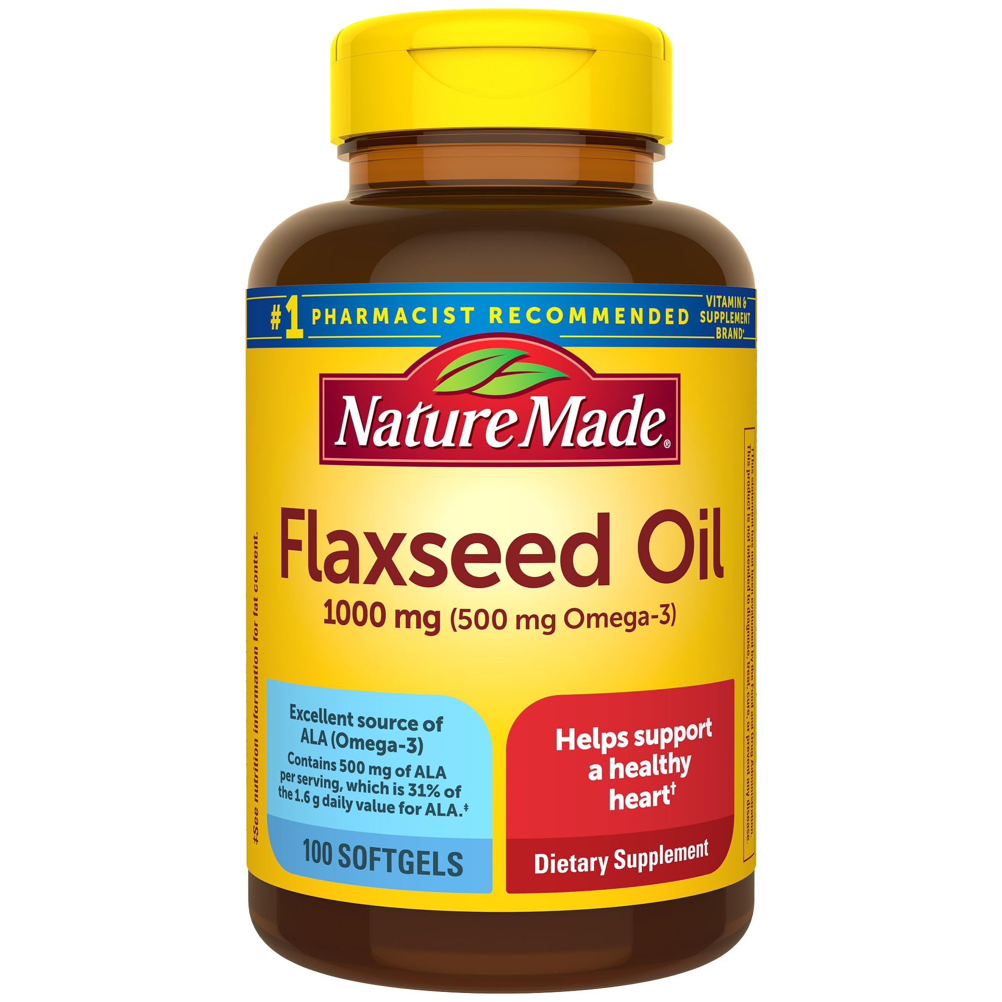 Nature Made flaxseed oil bottle front for heart health support.