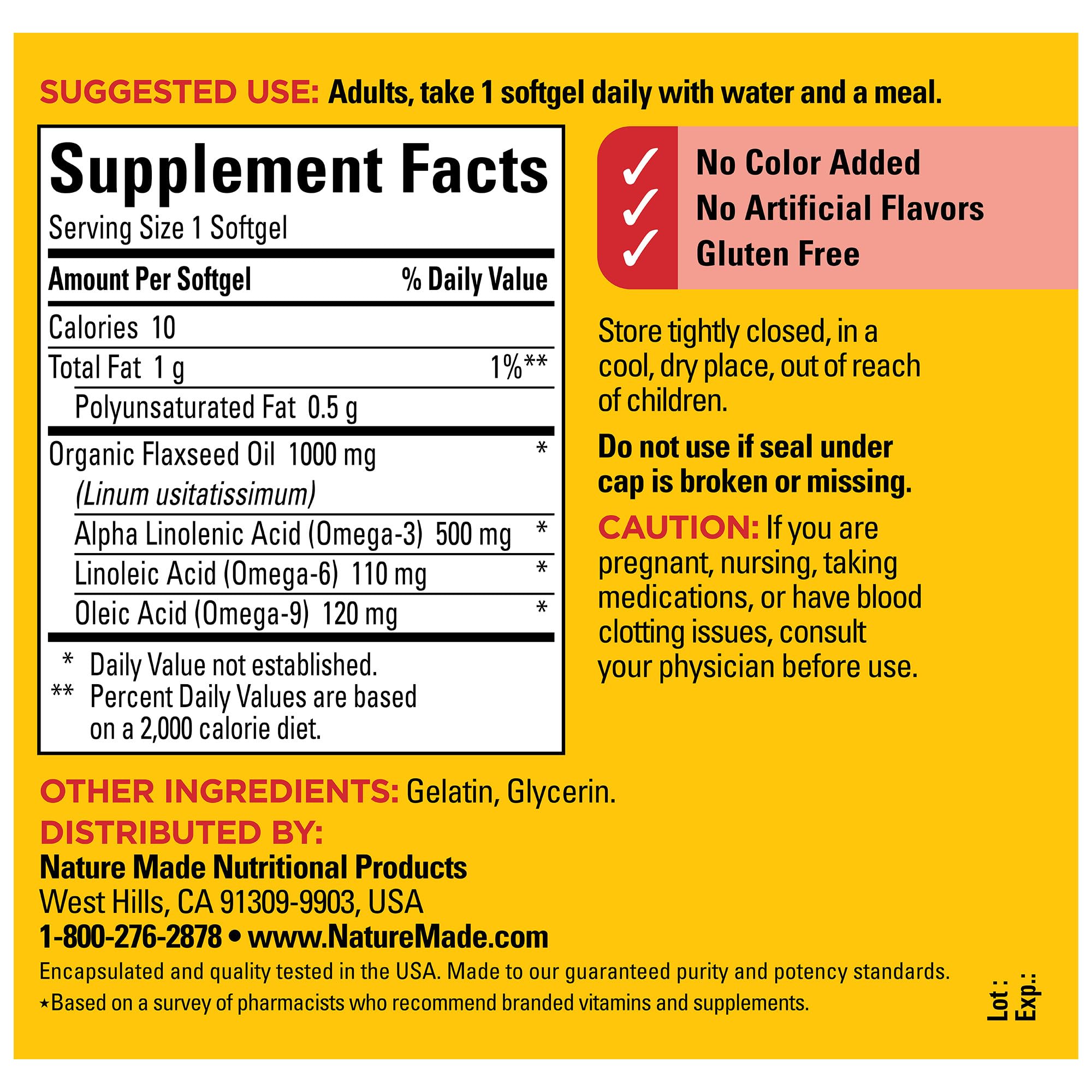 Nature Made flaxseed oil ingredients panel close-up showing organic flaxseed oil.