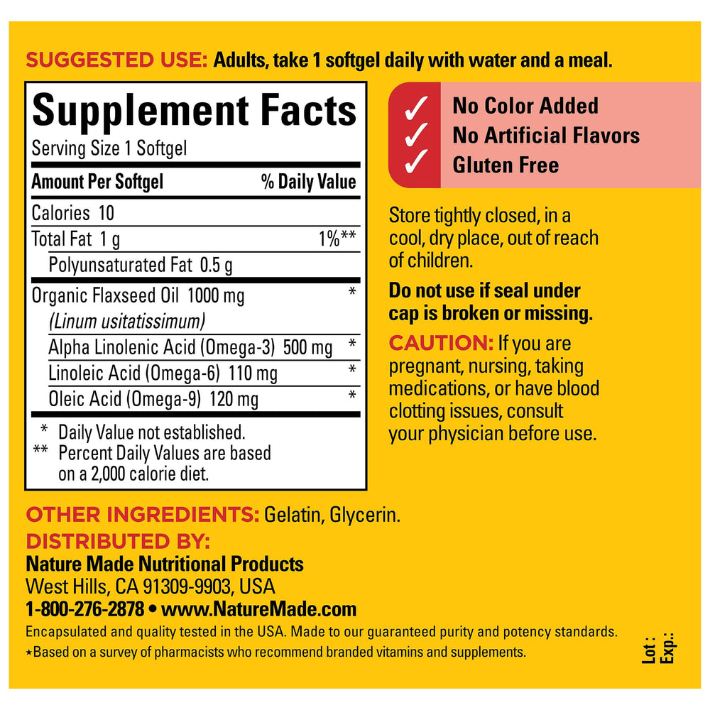 Nature Made flaxseed oil ingredients panel close-up showing organic flaxseed oil.