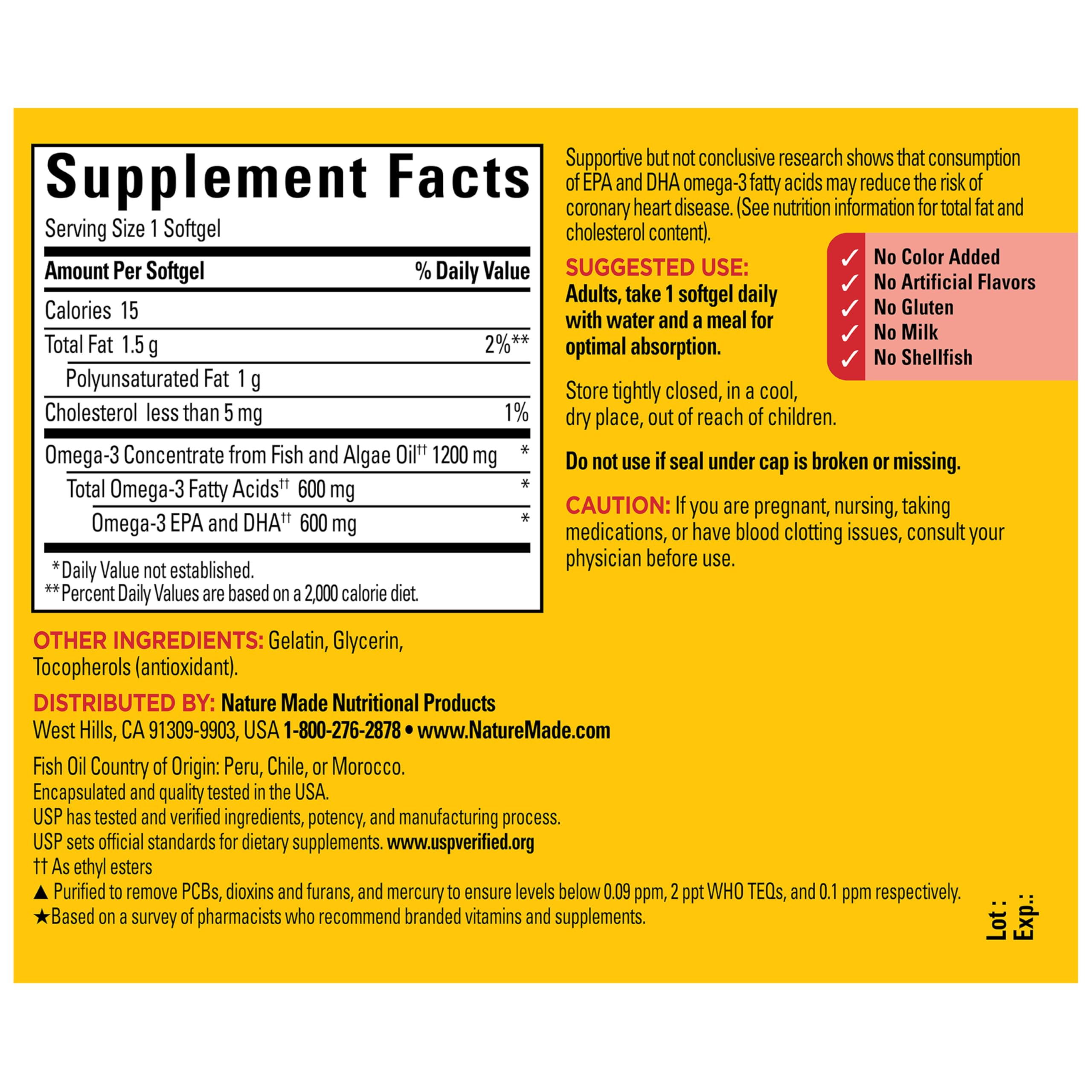 Gluten-free and dairy-free Nature Made Omega-3 with no artificial flavors.