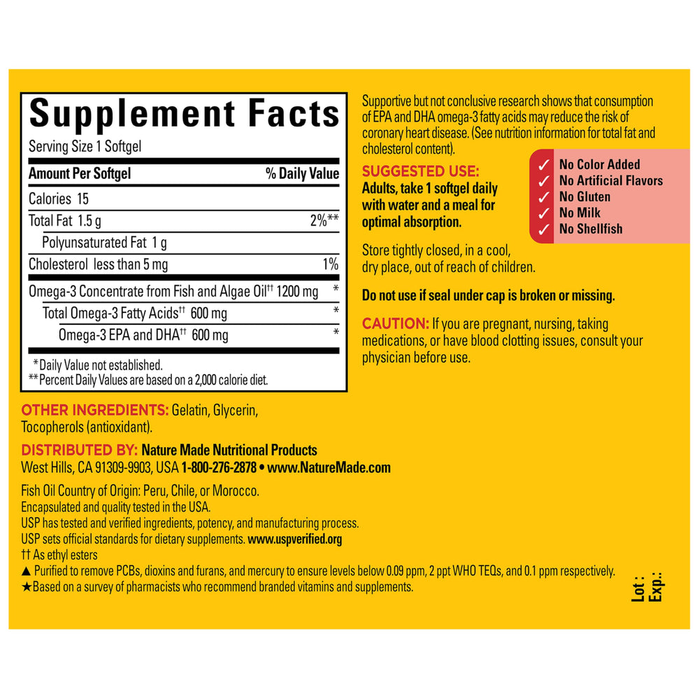 Gluten-free and dairy-free Nature Made Omega-3 with no artificial flavors.