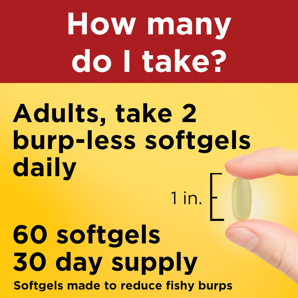 Nature Made gluten-free omega-3 supplement supports dietary needs.