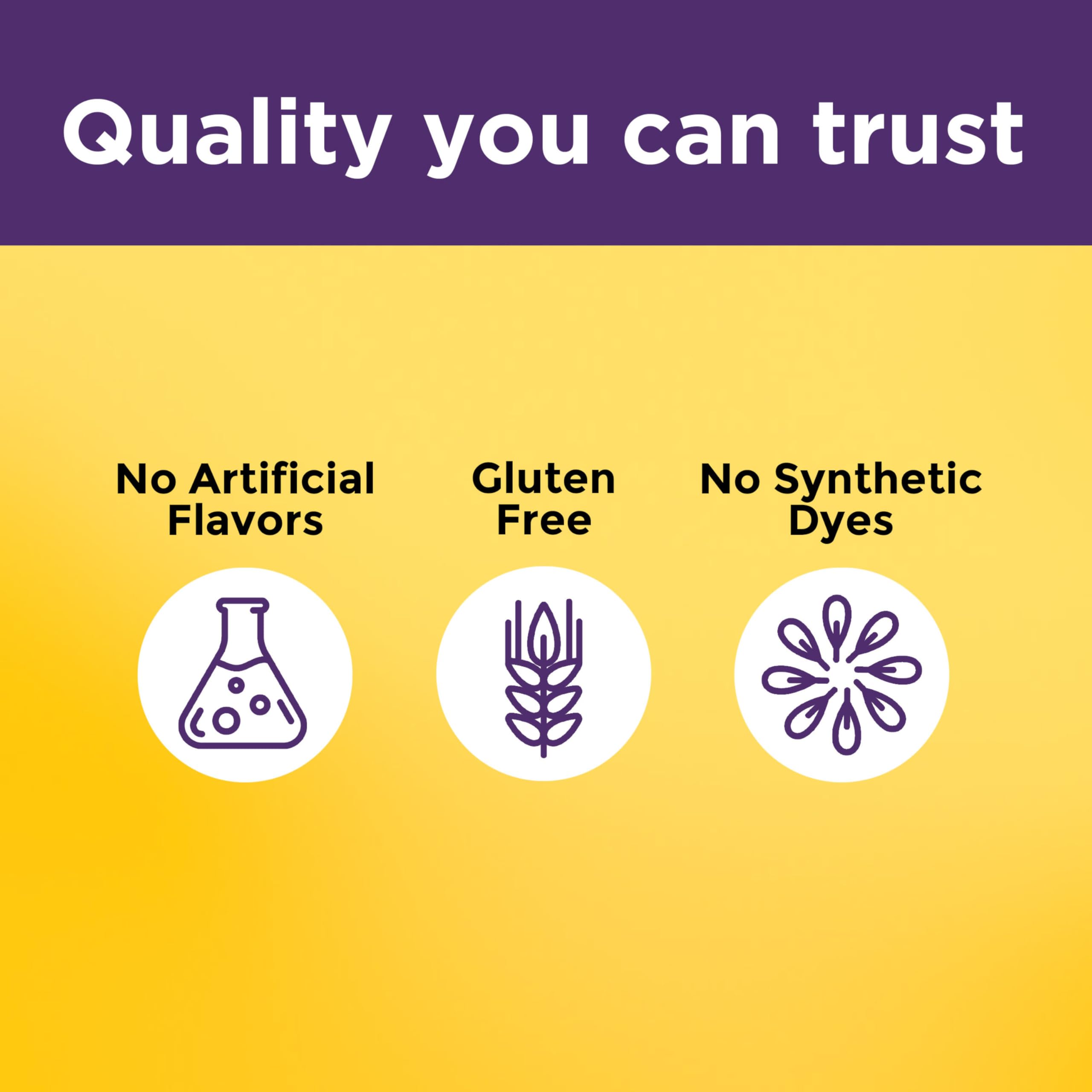 Nature Made Gluten-free formula packaging indicates no artificial flavors or dyes