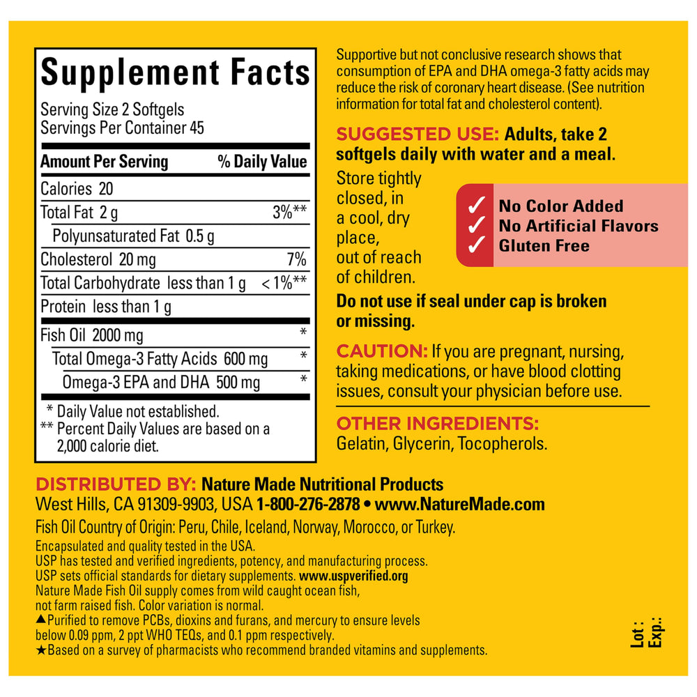 Nature Made heart health scene with bottle and softgels on counter.