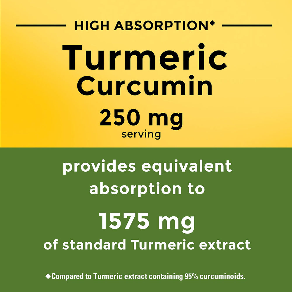 Nature Made Turmeric Curcumin capsules being poured from the bottle for daily use.