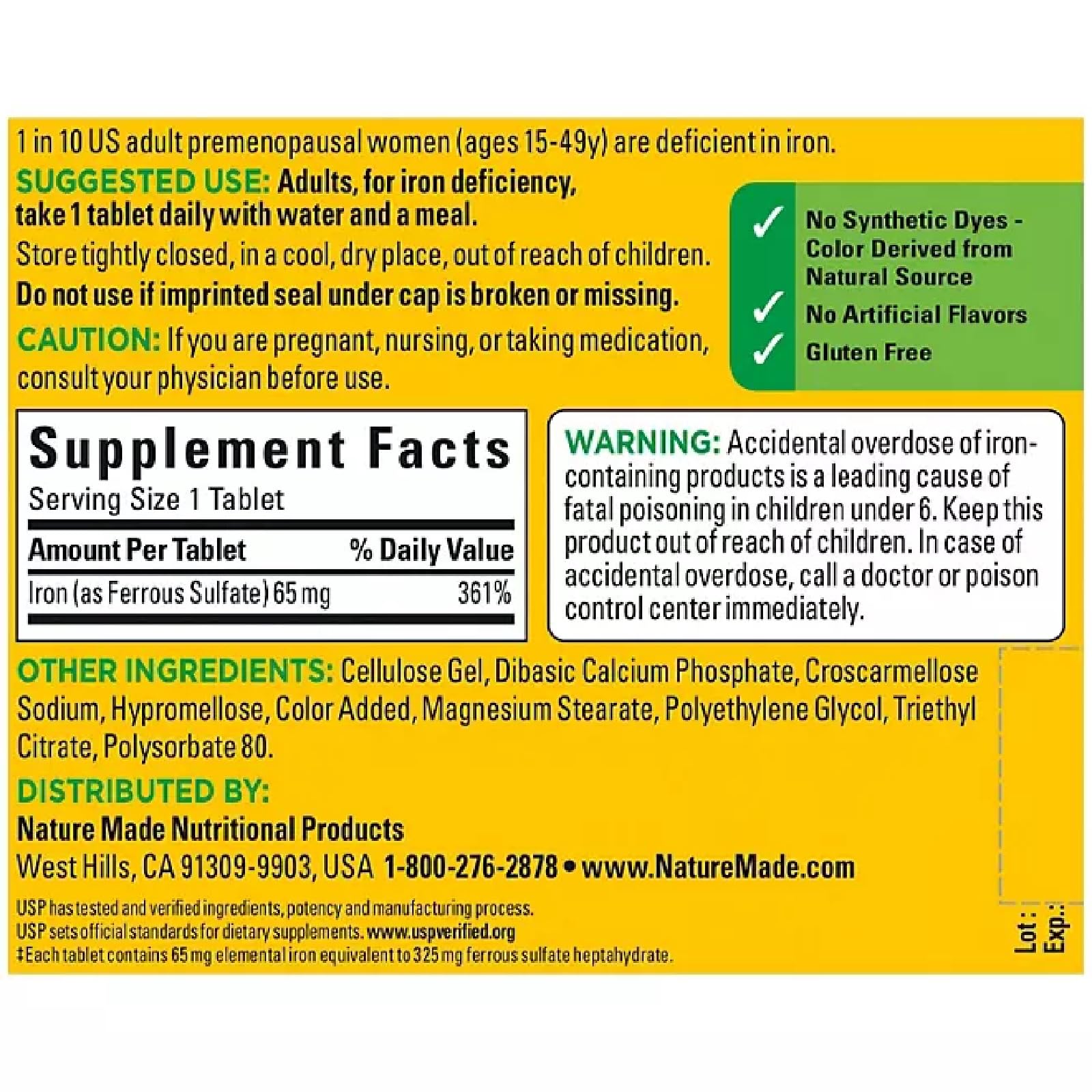 Nature Made Iron 65 mg packaging highlighting gluten-free and dye-free features.