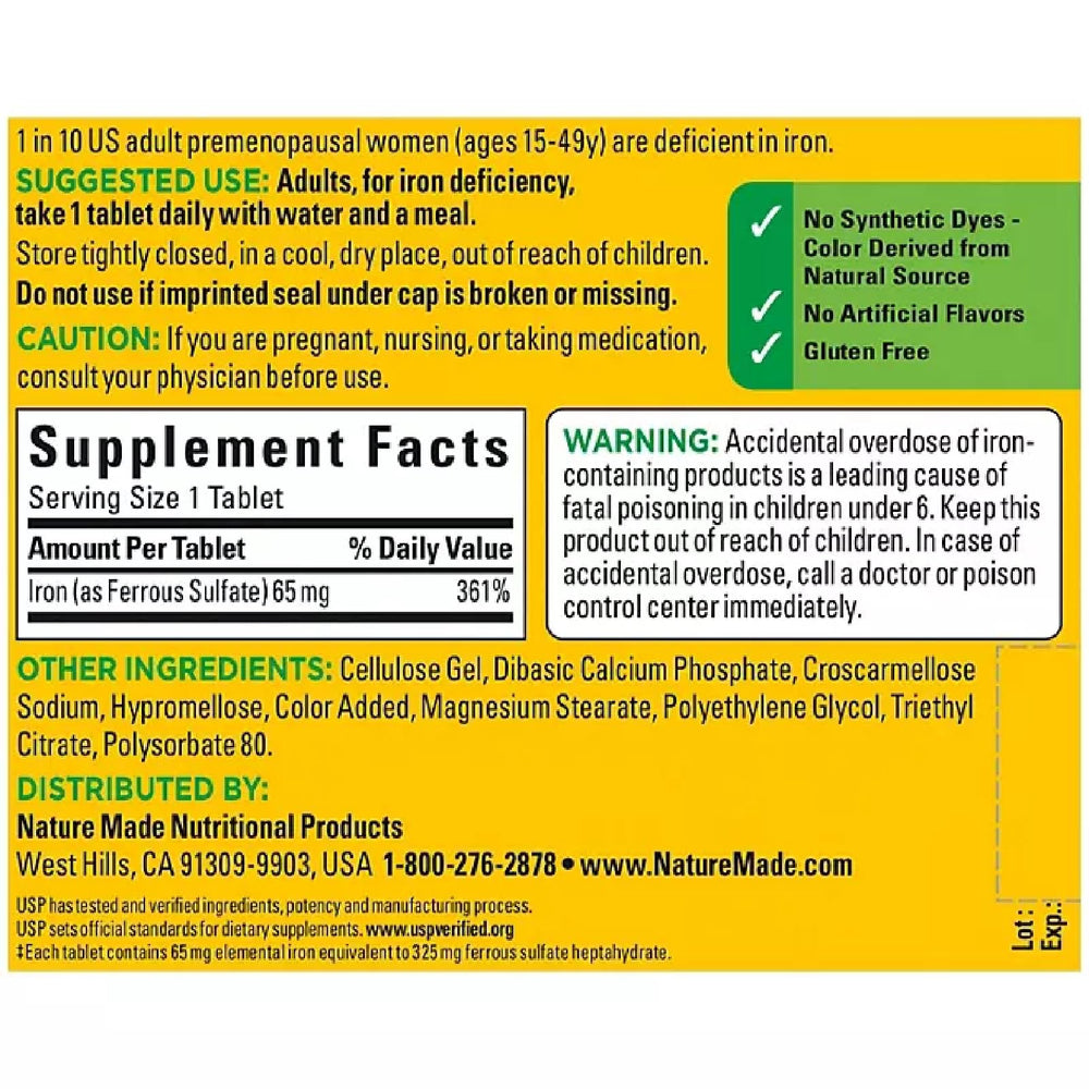 Nature Made Iron 65 mg packaging highlighting gluten-free and dye-free features.