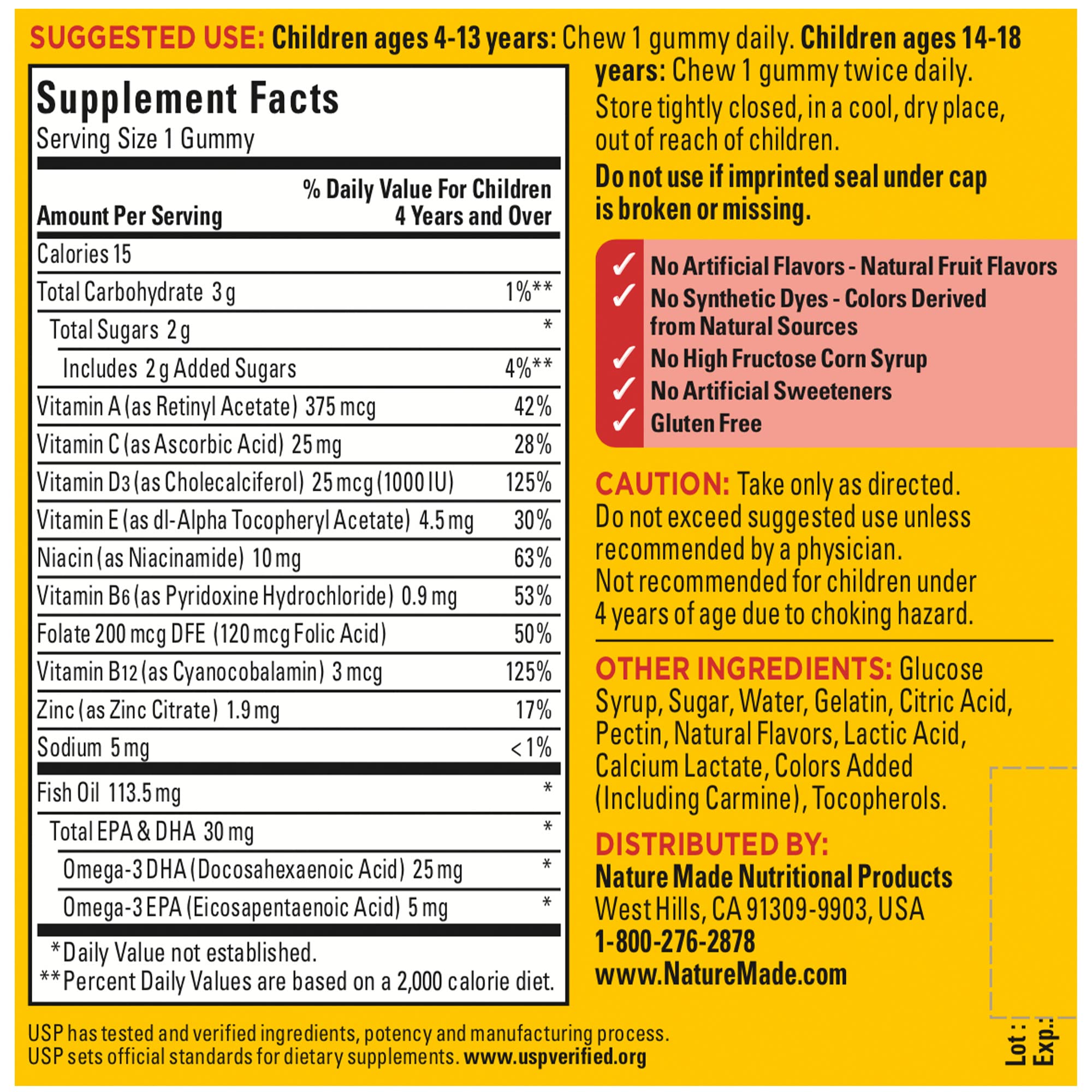 Nature Made Kids First Omega-3 Gummies usp verified badge shown on packaging