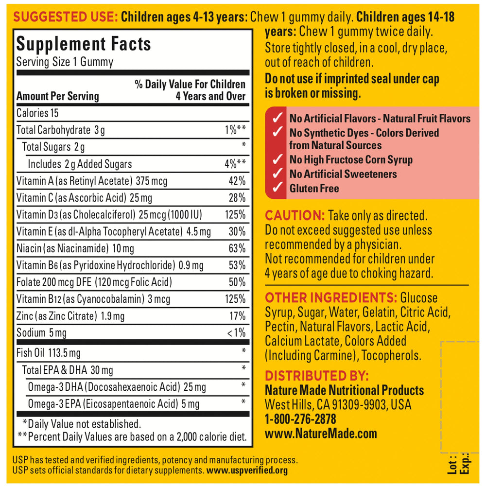 Nature Made Kids First Omega-3 Gummies usp verified badge shown on packaging