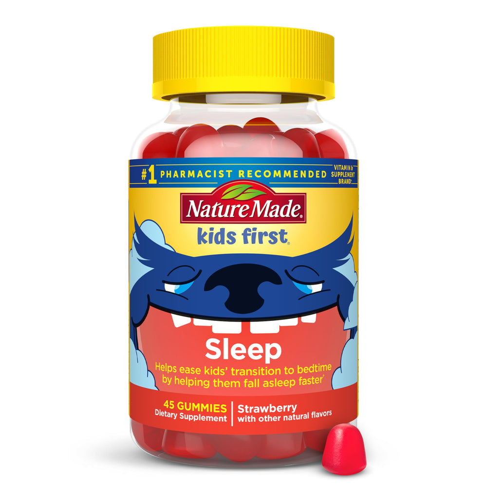 Nature Made Kids First Sleep Gummies bottle promotes a calm bedtime routine.