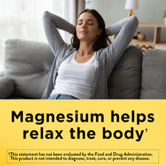 Nature Made Magnesium bottle close-up shows gluten-free label and clean ingredients for daily use.