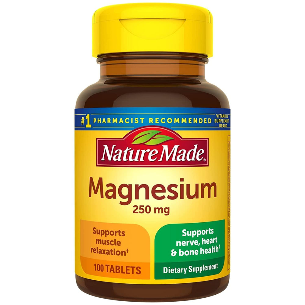 Nature Made Magnesium 250 mg tablets bottle supports nerve and muscle function.