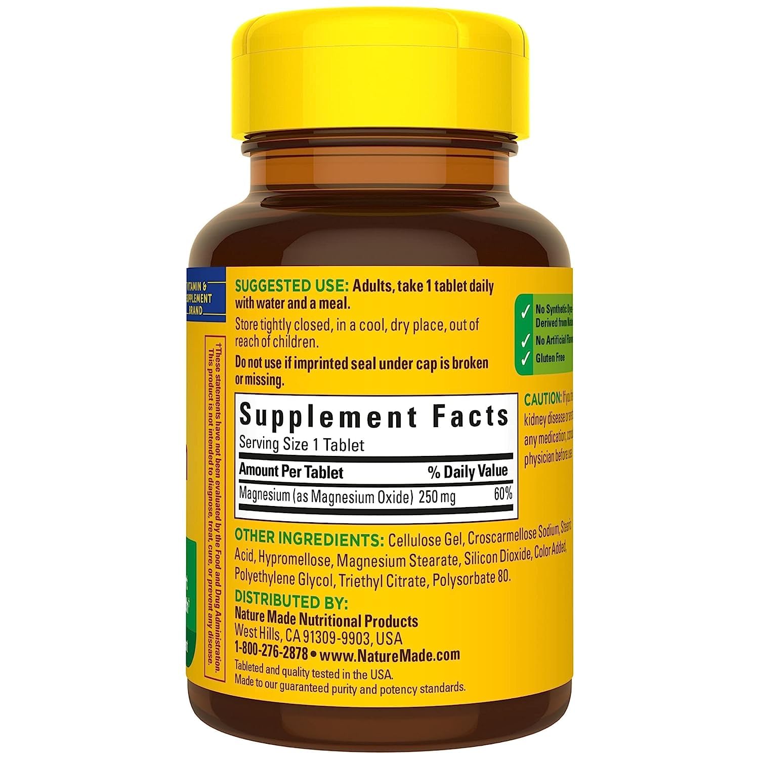 Nature Made magnesium tablets close-up demonstrates compact packaging for daily use.