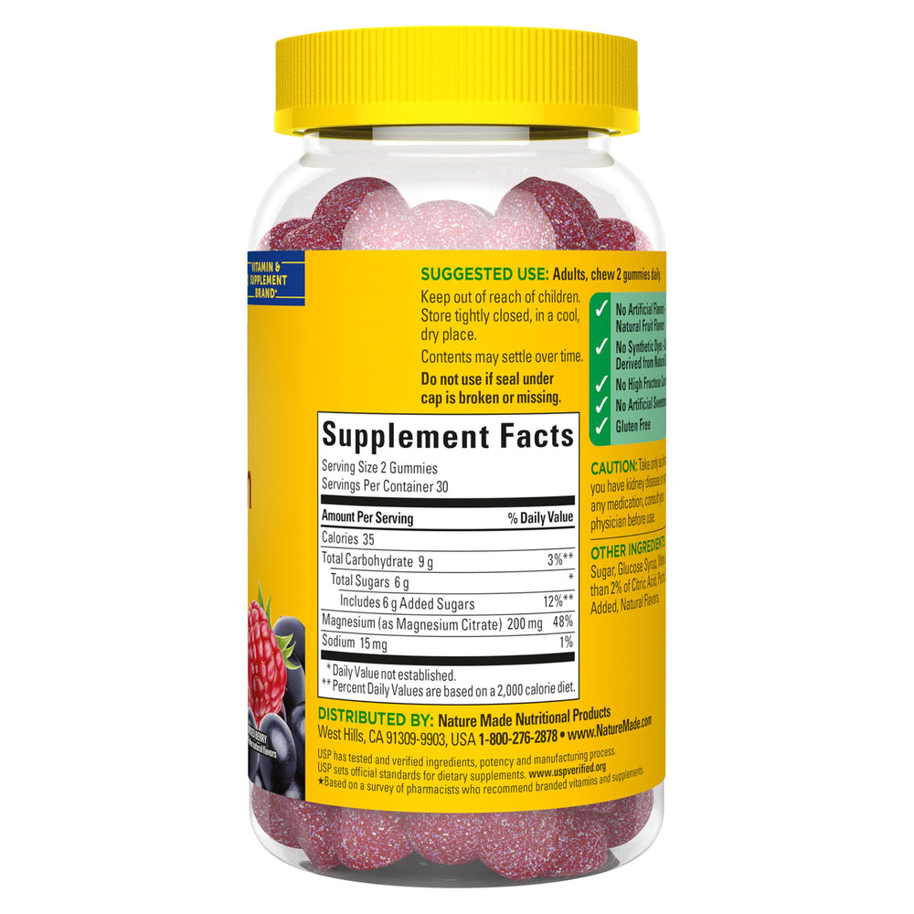 Nature Made magnesium citrate ingredients list shows pectin base and gluten-free formula.