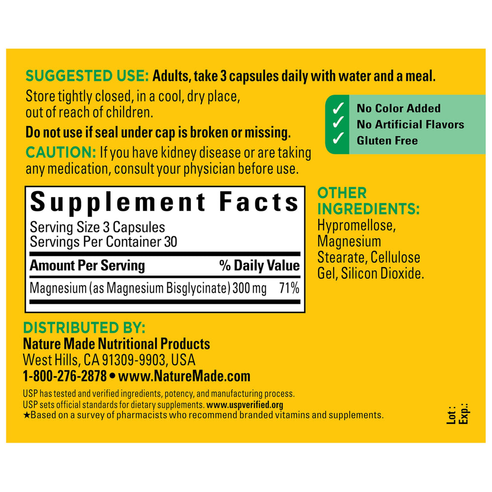 Nature Made Magnesium Glycinate 90-count bottle highlighting 30-day supply