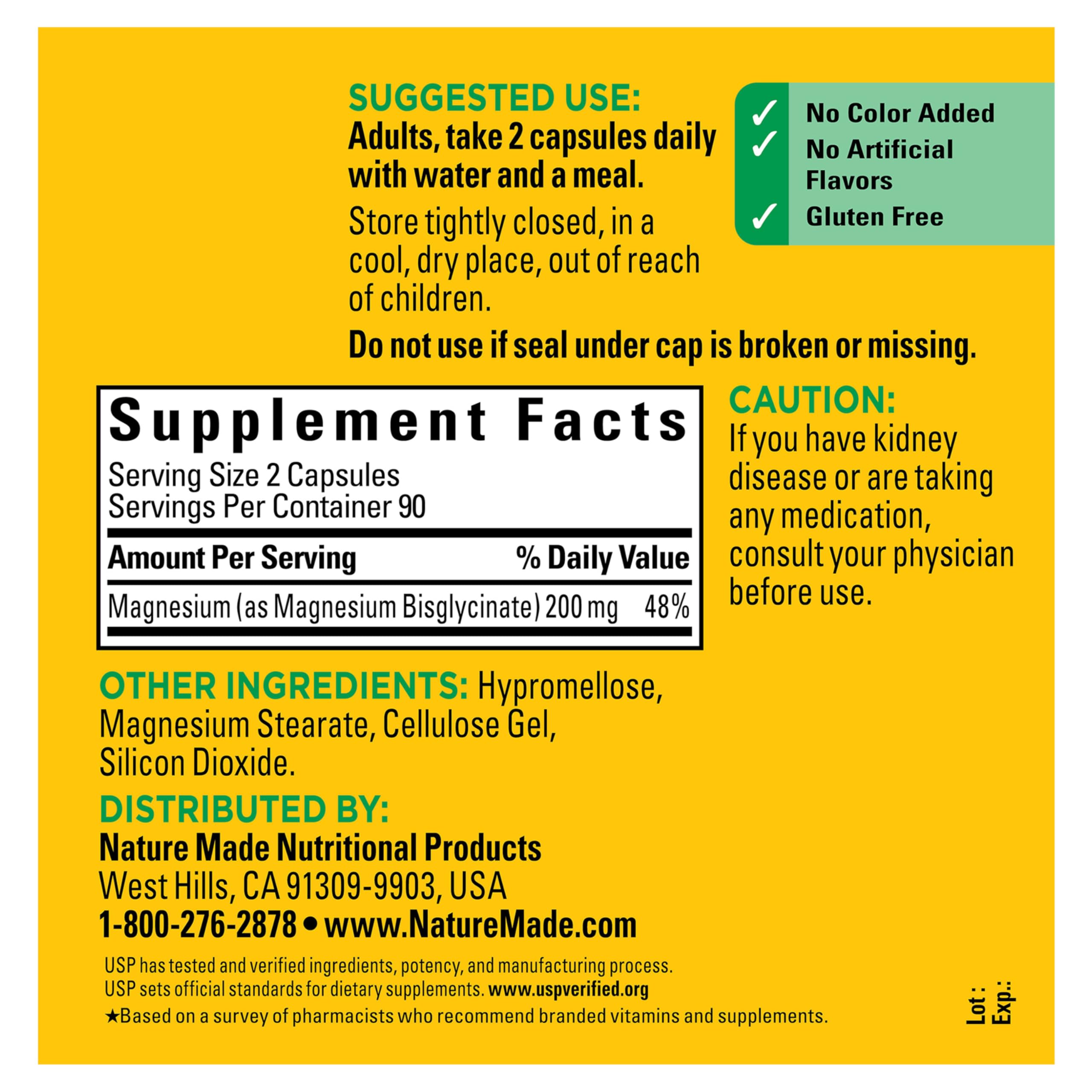 Nature Made Magnesium Glycinate color-free label, no artificial flavors