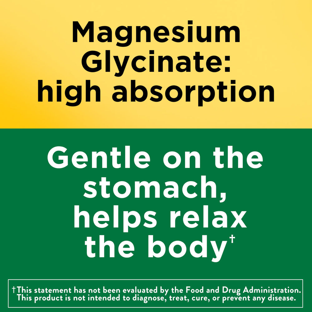 Nature Made Magnesium Glycinate label detail, high absorption chelated formula