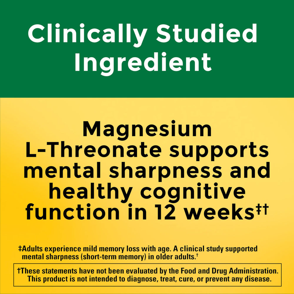 Nature Made Magnesium L-Threonate bottle label highlighting vitamin C and D3 benefits