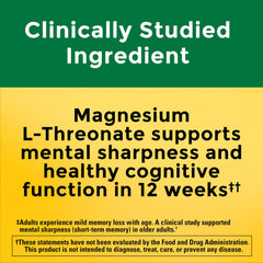 Nature Made Magnesium L-Threonate bottle label highlighting vitamin C and D3 benefits