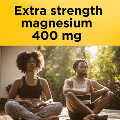 Close-up of Nature Made magnesium oxide softgels emphasizing extra strength dose.