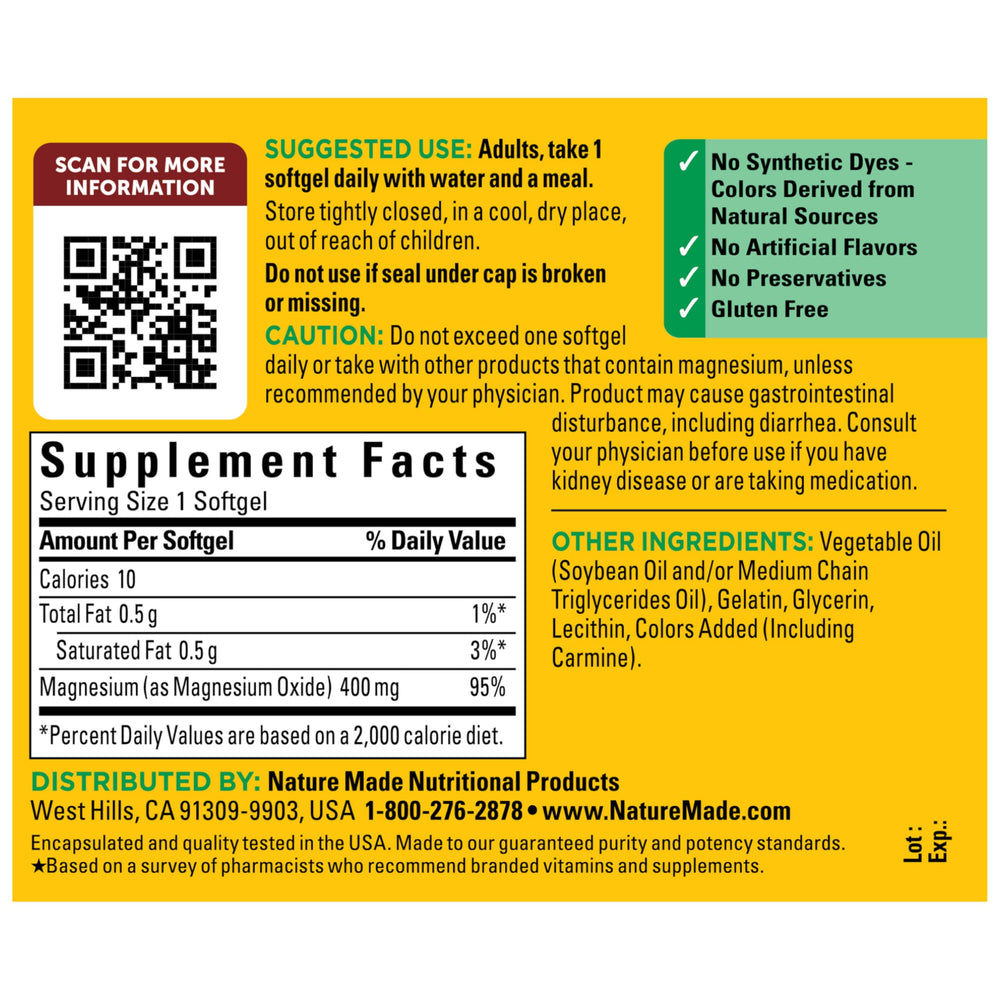 One daily Nature Made Magnesium Oxide softgel with water and a meal.