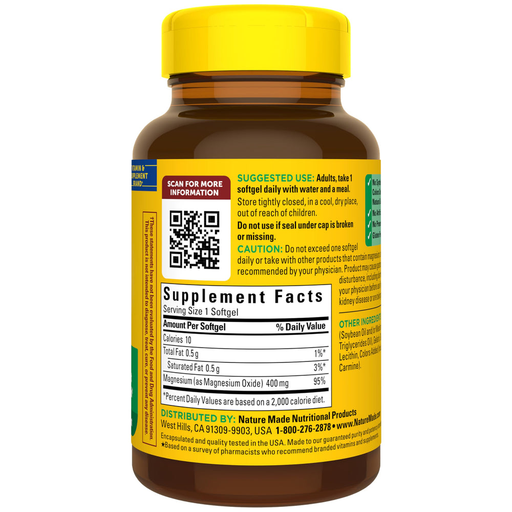 Open bottle of Nature Made magnesium oxide softgels showing easy-to-swallow capsules.