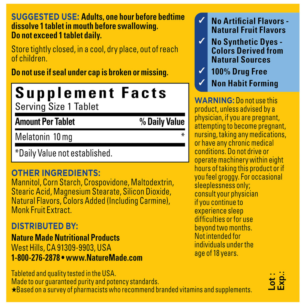 Nature Made Melatonin 10 mg fast-dissolve bottle shown in a calming bedroom scene.