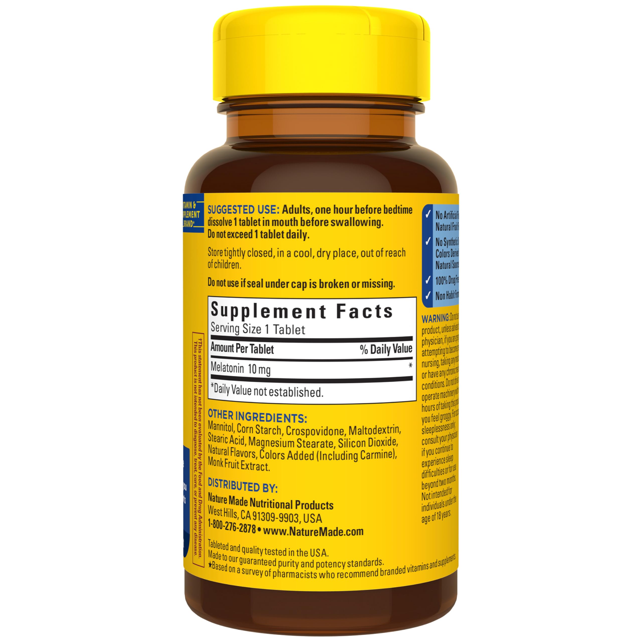 Nature Made Melatonin 10 mg fast-dissolve tablet requires no water.