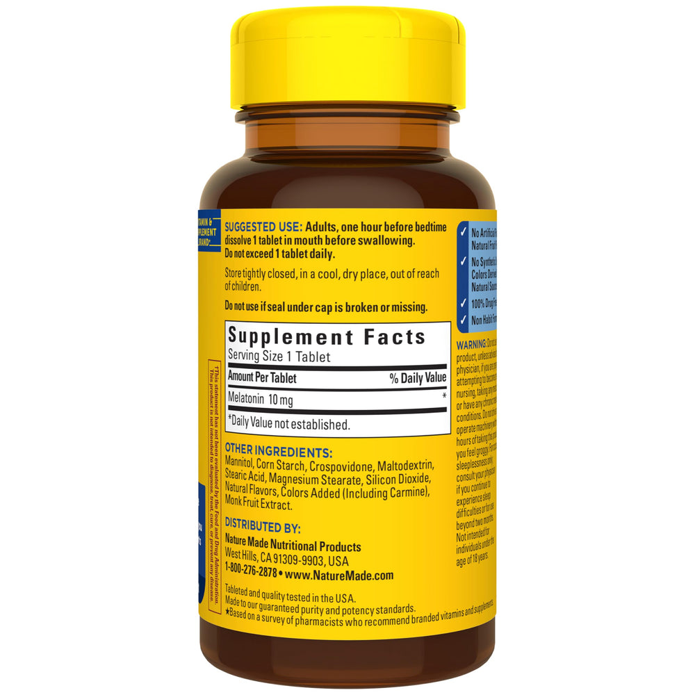 Nature Made Melatonin 10 mg fast-dissolve tablet requires no water.