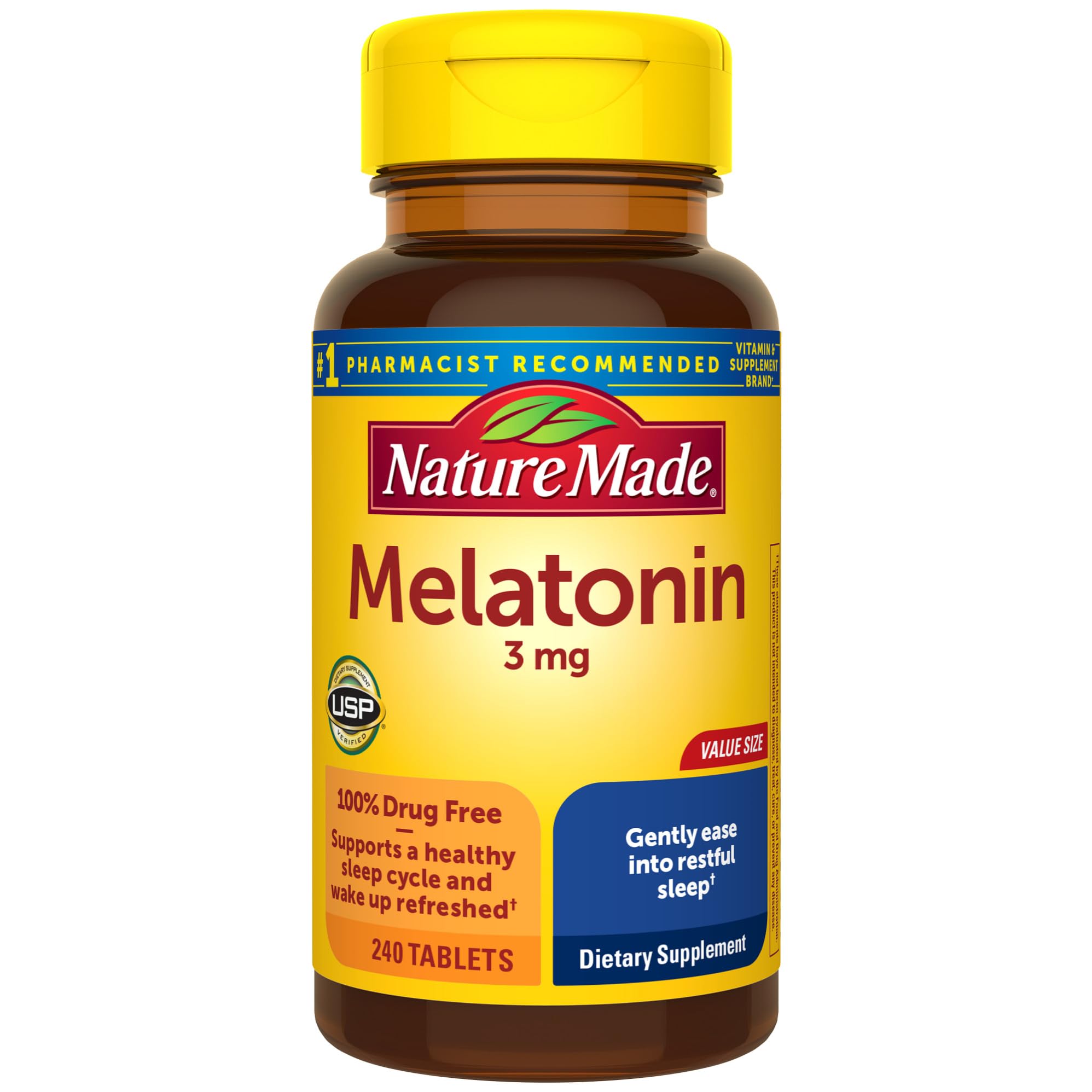 Nature Made Melatonin 3mg bottle front supports occasional sleep support.