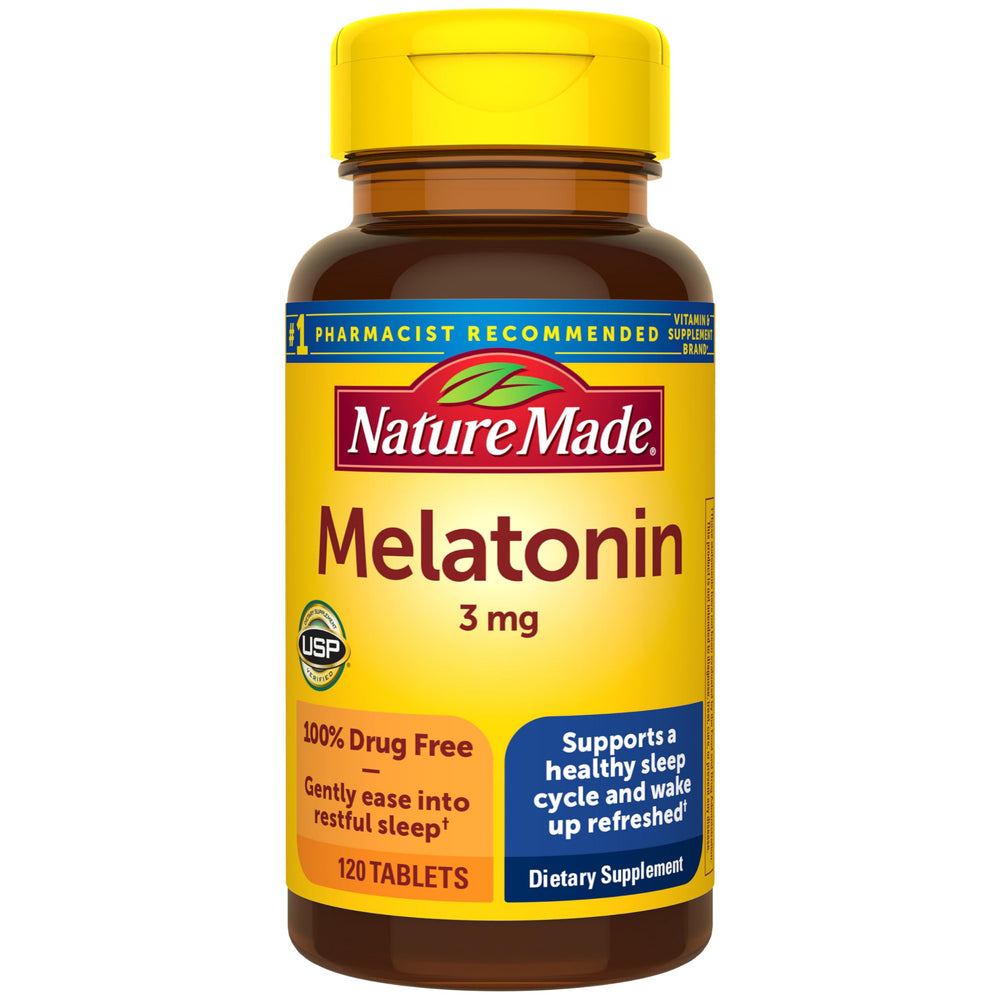 Nature Made Melatonin 3mg bottle on nightstand for occasional sleep support.