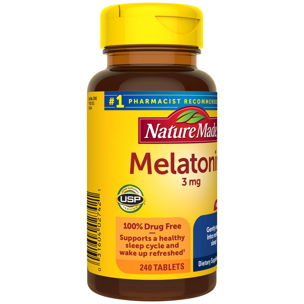 Nature Made Melatonin 3mg glass of water with tablet ready to take.
