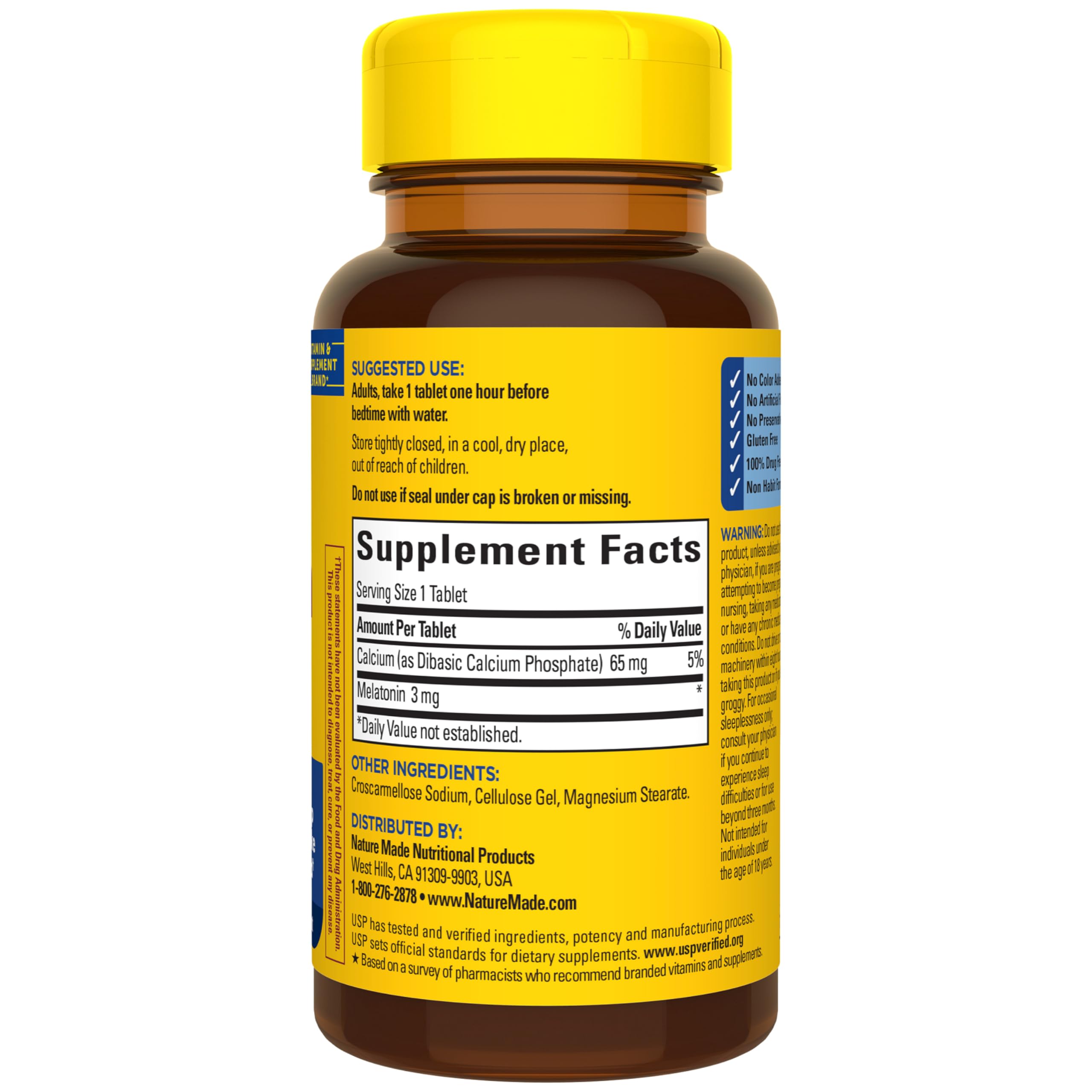 Nature Made Melatonin 3mg gluten-free label highlights allergen-friendly option.