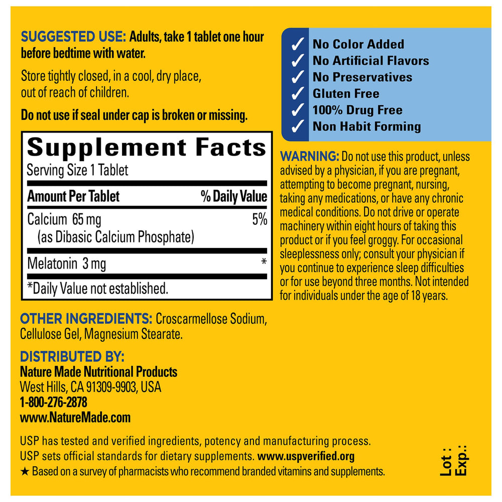 Nature Made Melatonin 3mg USP verified label emphasizing quality standards.