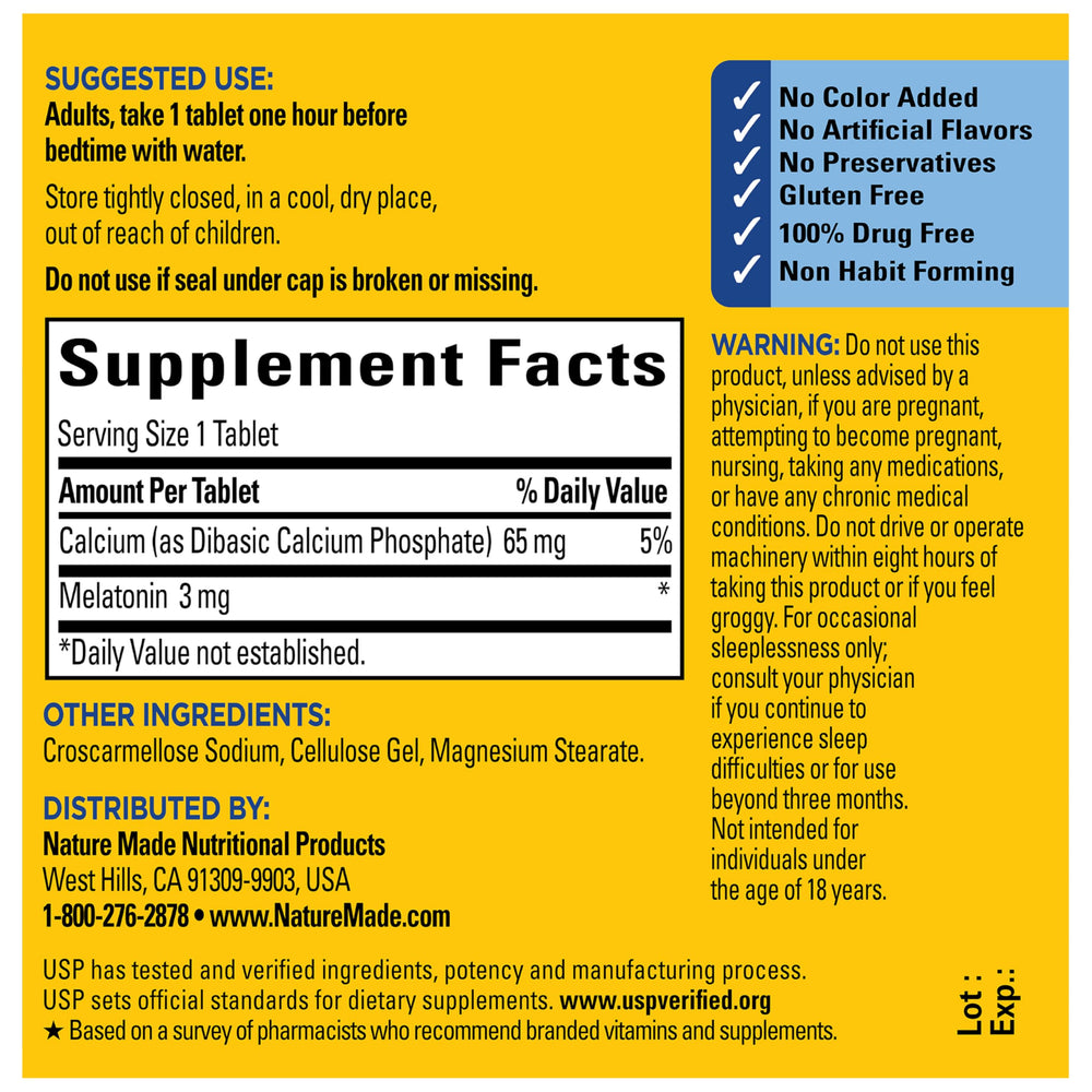 Nature Made Melatonin 3mg USP Verified seal communicates quality.