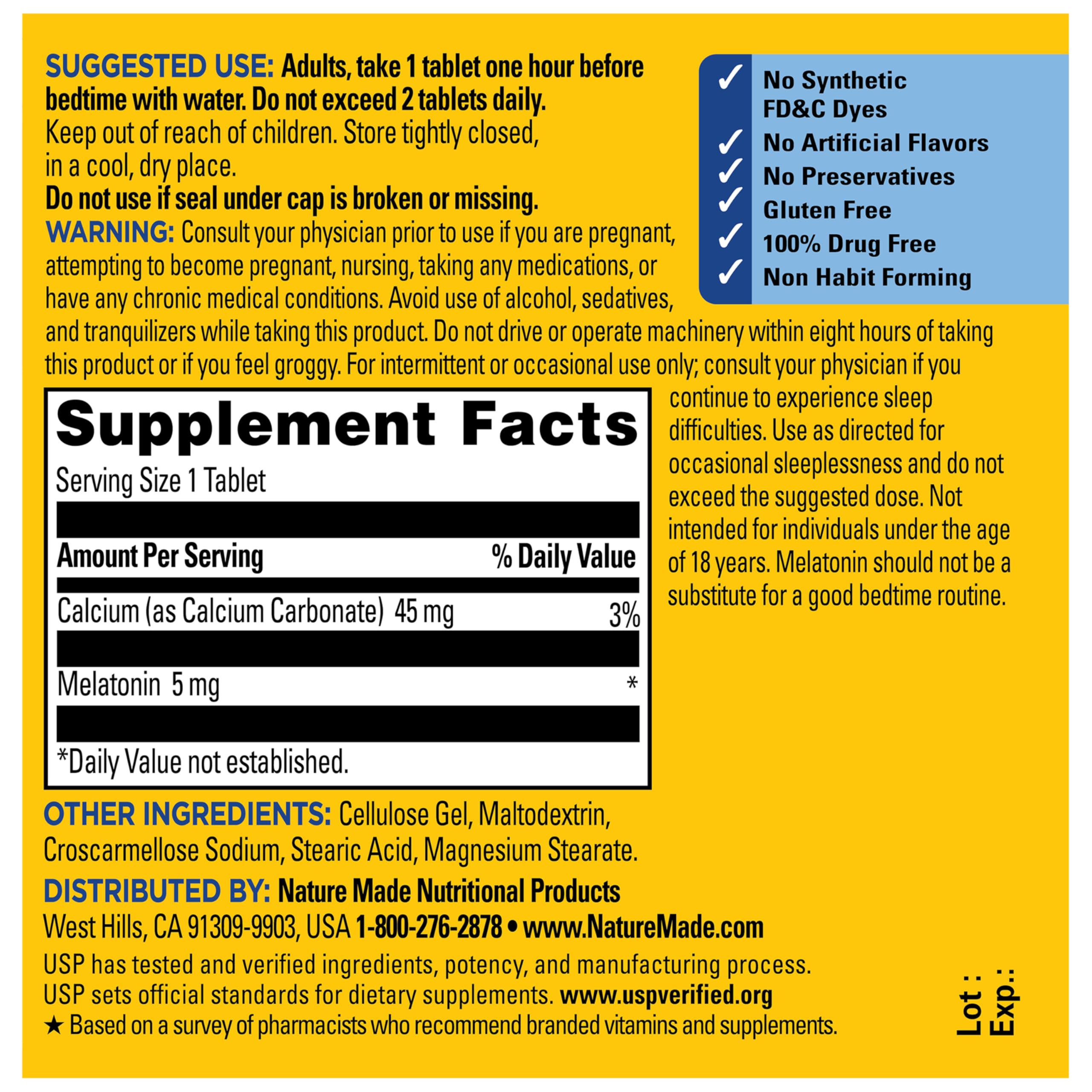 Nature Made Melatonin 5mg gluten-free packaging pictured for night-time use