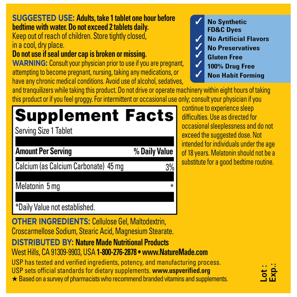 Nature Made Melatonin 5mg gluten-free packaging pictured for night-time use