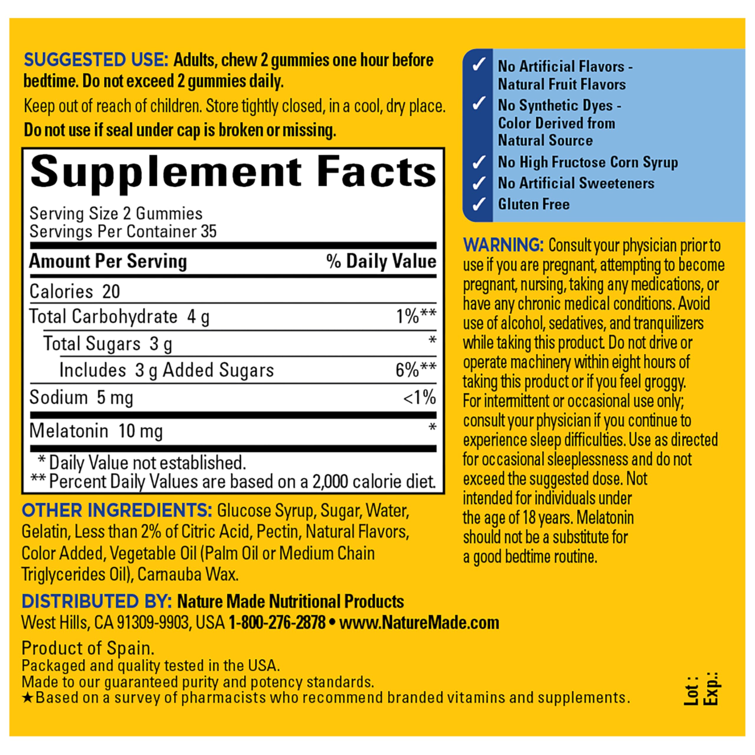 Nature Made Melatonin Gummies 10 mg ingredients list close-up