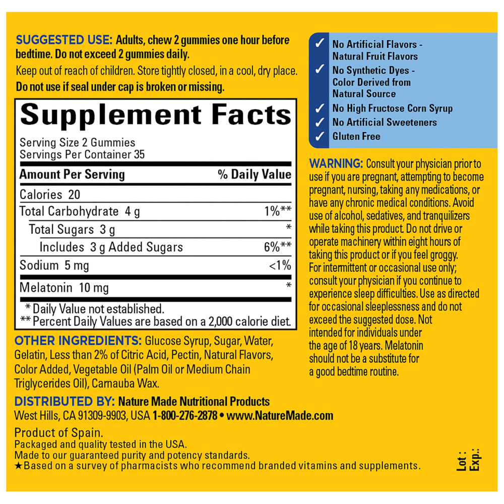 Nature Made Melatonin Gummies 10 mg ingredients list close-up