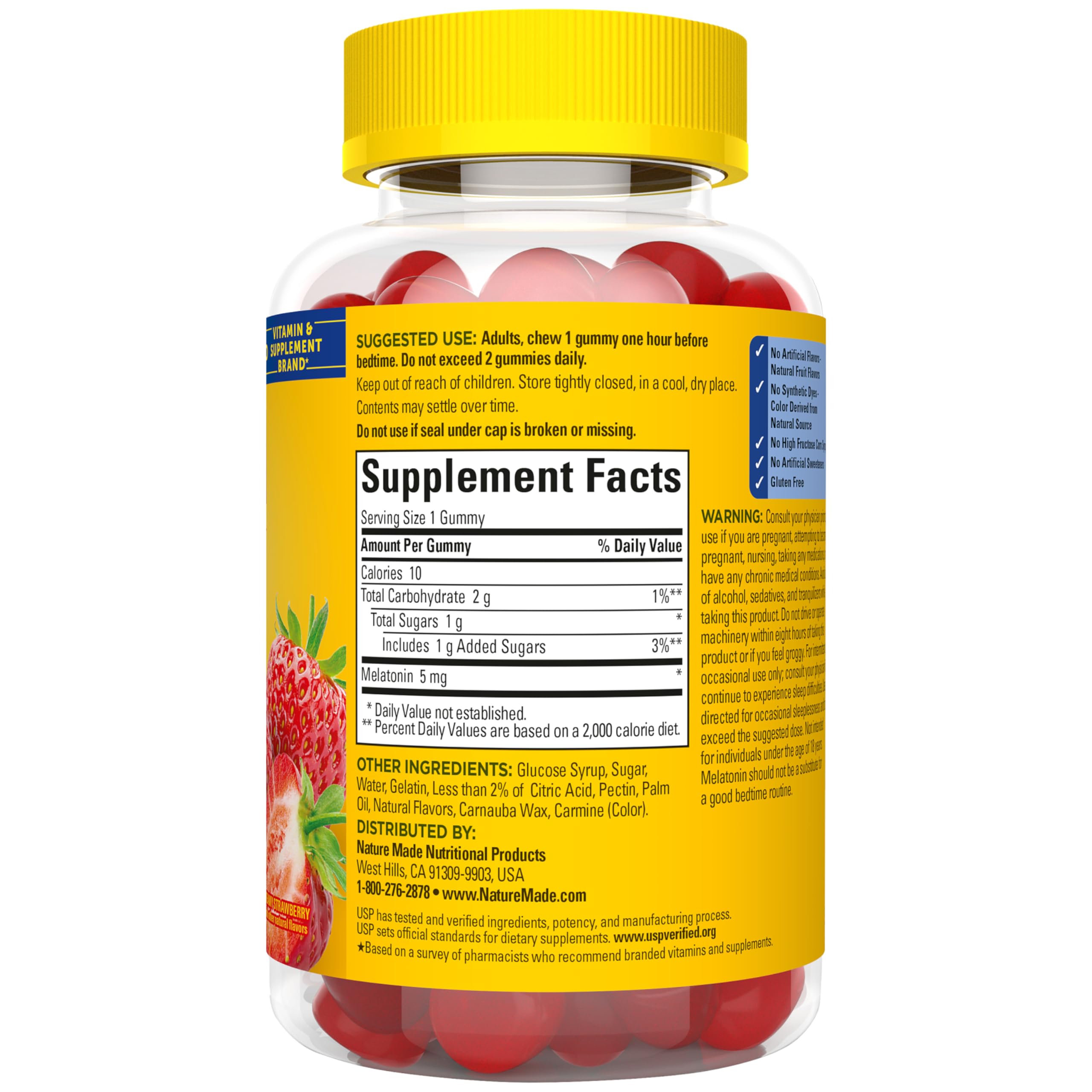 Nature Made Melatonin Gummies ingredient list close-up showing gluten-free formulation