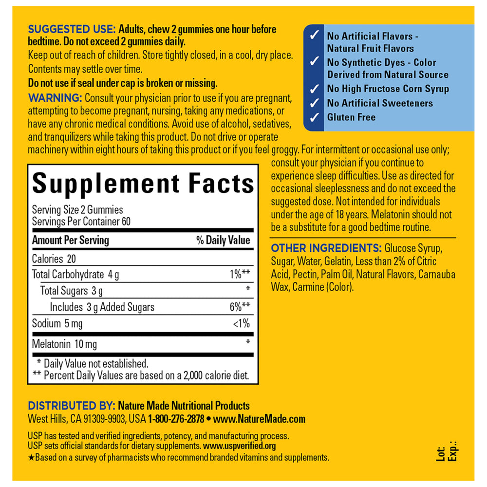 Nature Made Melatonin Gummies label detail shows ingredients and allergen information.