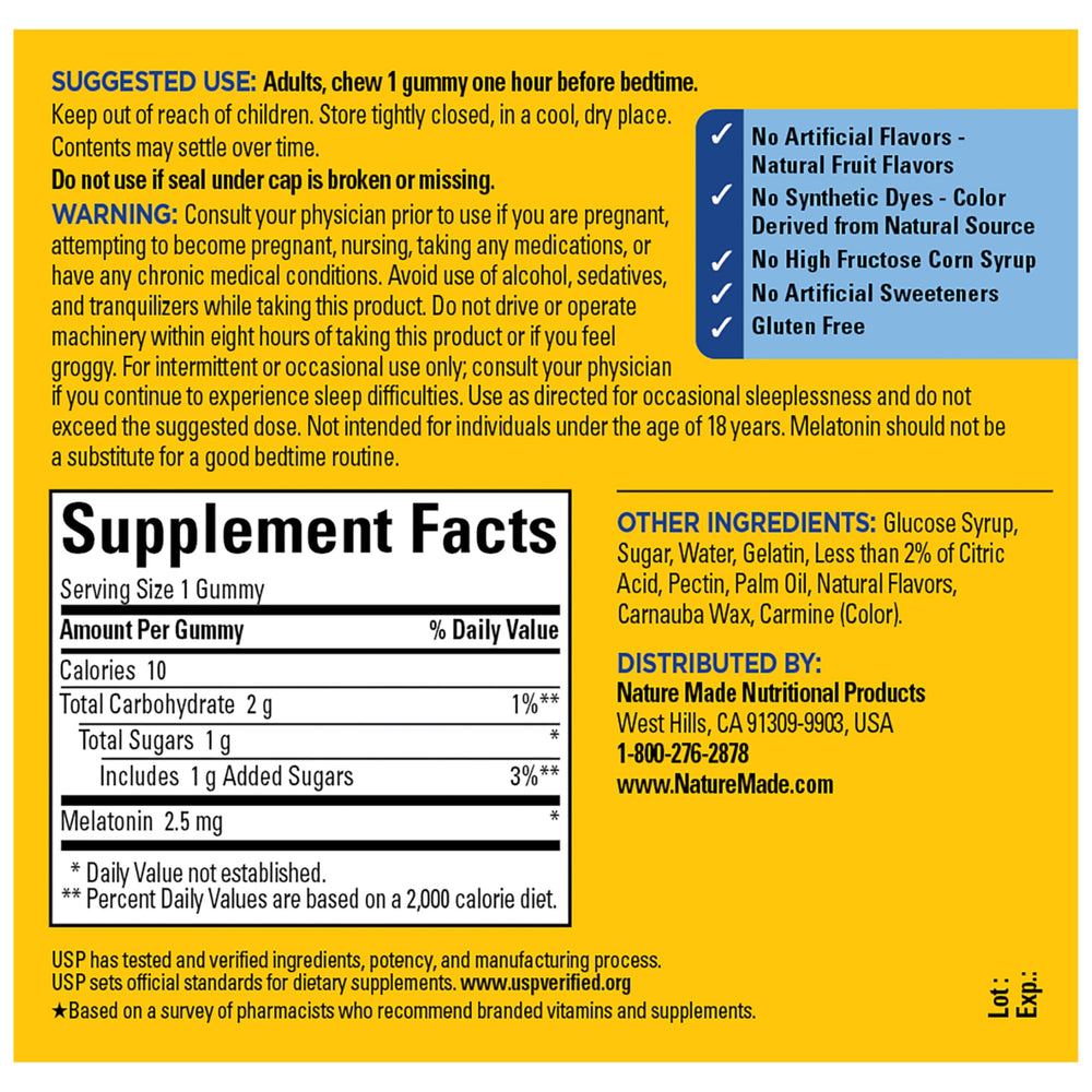 Nature Made Melatonin Gummies label details 2.5 mg dosage for aware usage.