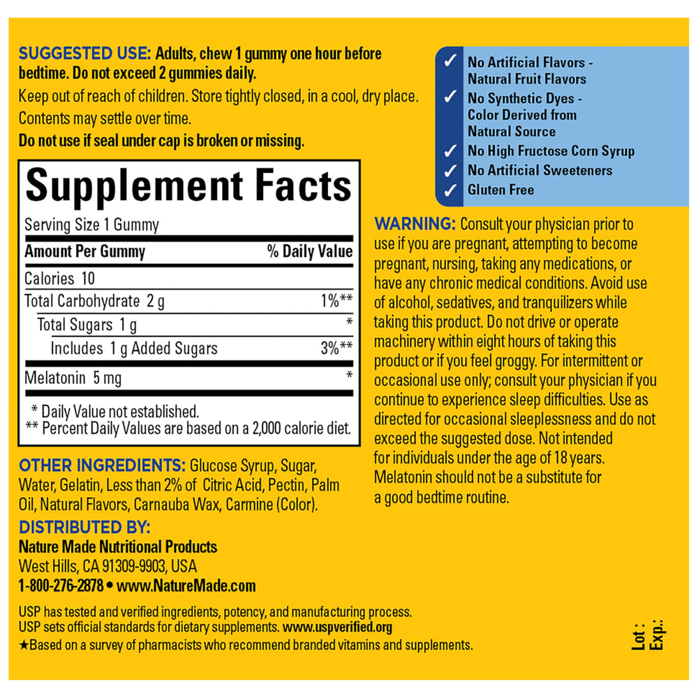 Nature Made Melatonin Gummies packaging close-up highlights no artificial dyes