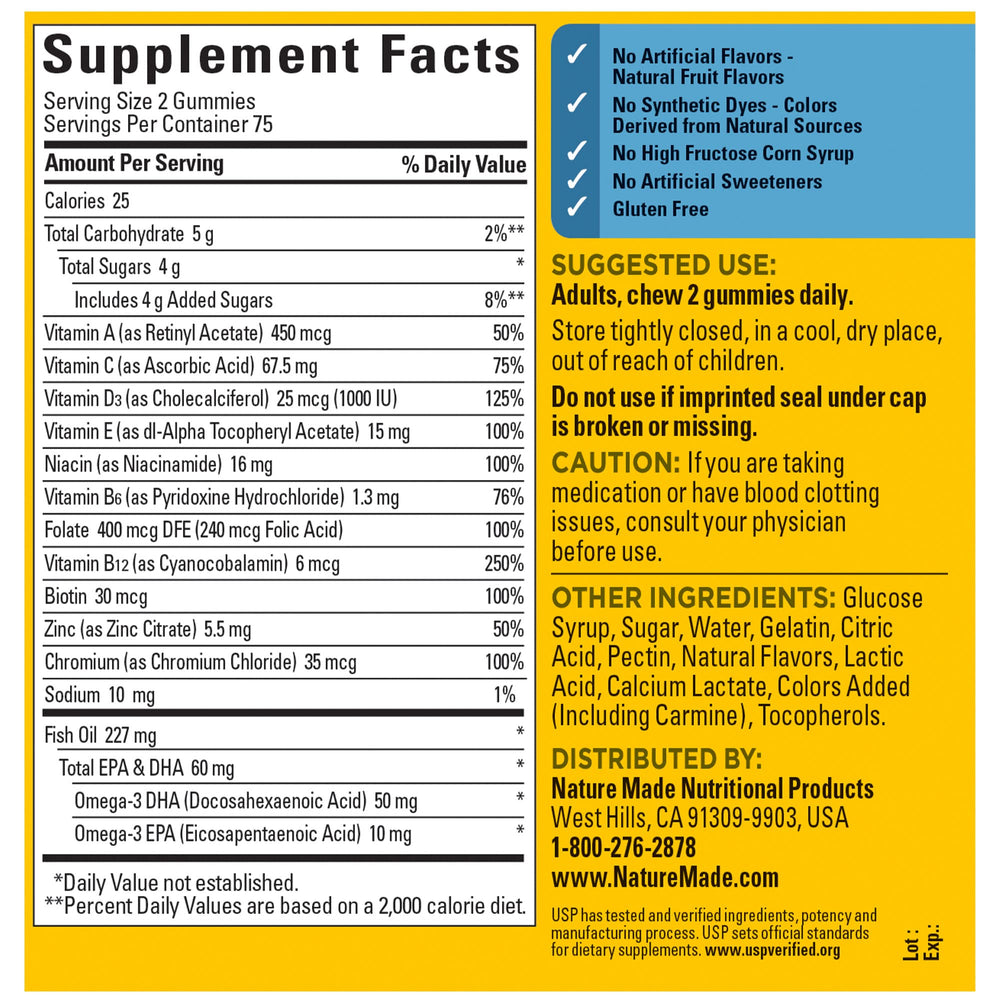 Nature Made Men's Multivitamin Gummies gluten-free close-up on pack.