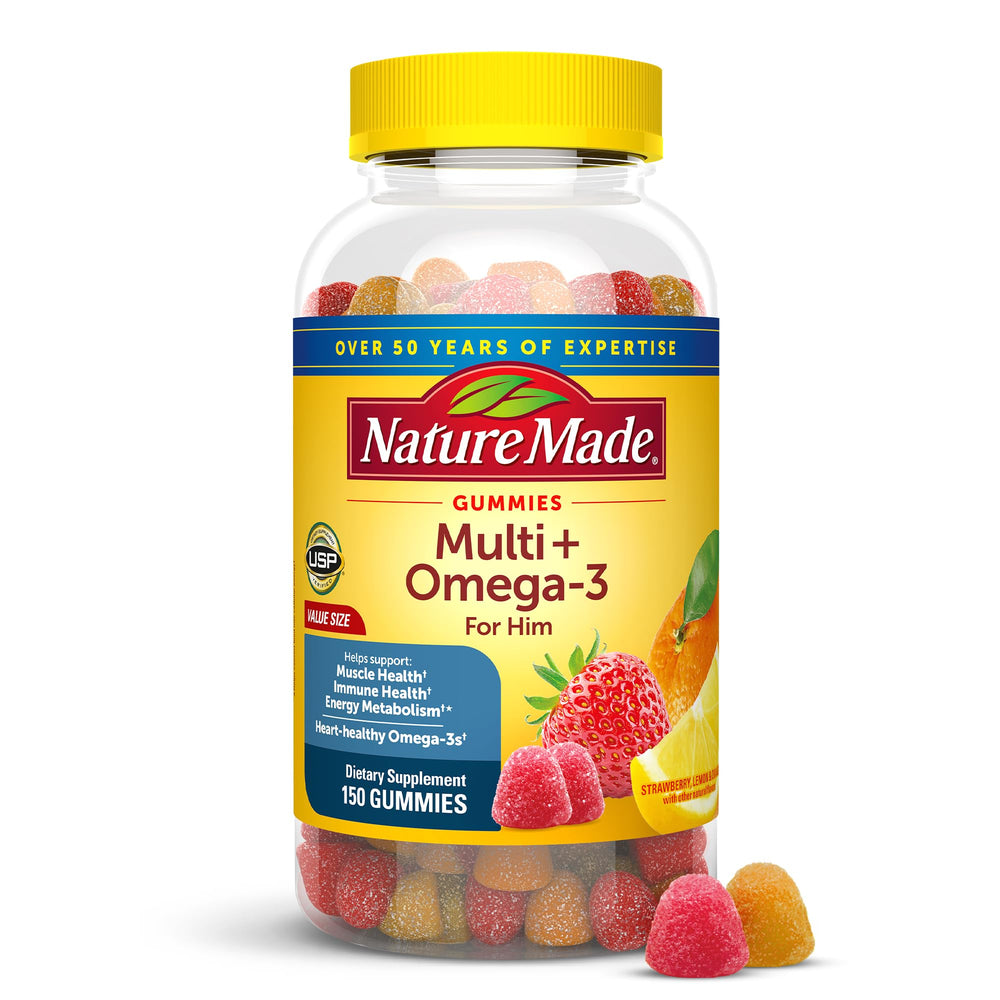 Nature Made Men's Multivitamin Gummies with omega-3 bottle close-up for daily nutritional support.