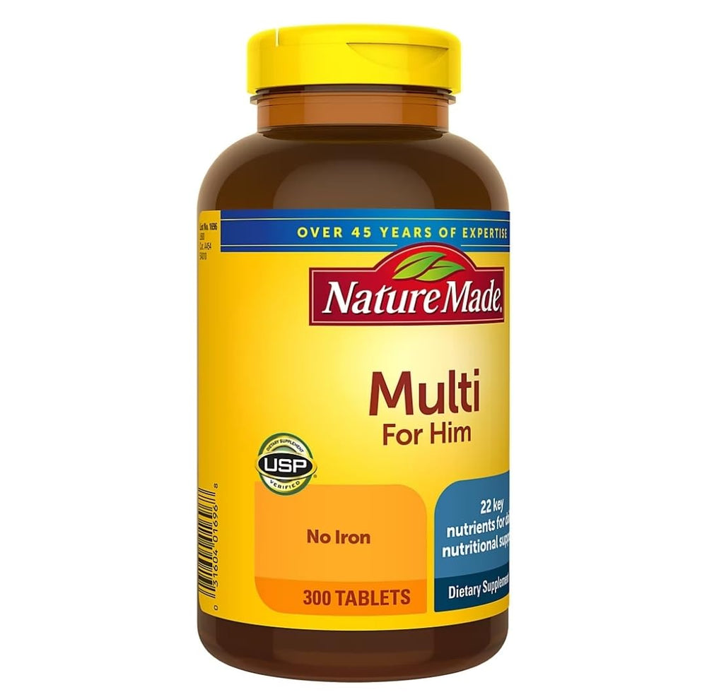 Nature Made Multi for Him bottle on a desk, a trustworthy daily supplement