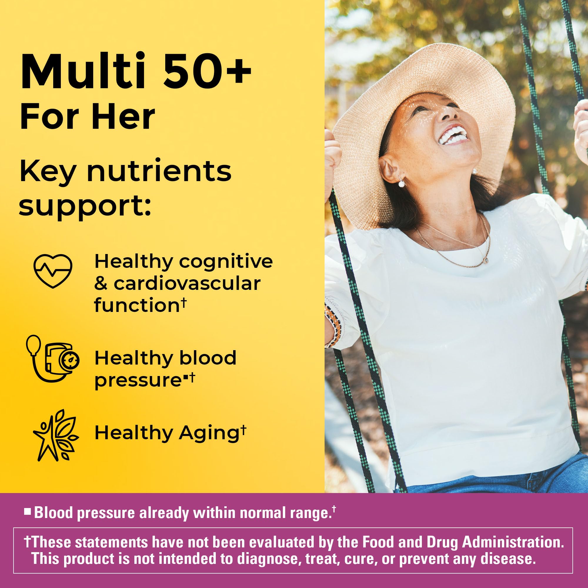 Close-up of Nature Made Multivitamin For Her 50+ tablet showing iron-free formula