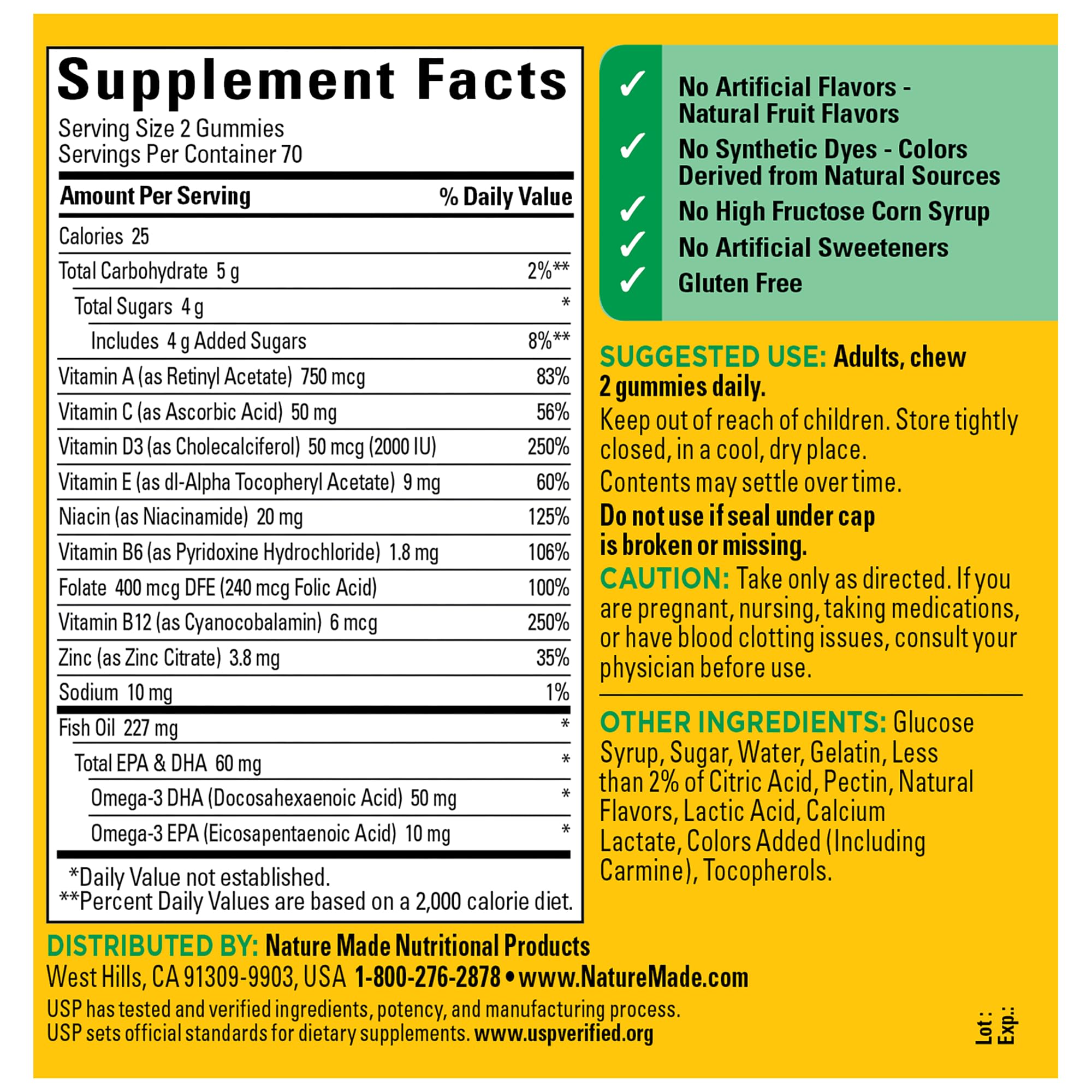 Nature Made gluten-free Multivitamin + Omega-3 for allergy-friendly daily supplementation.