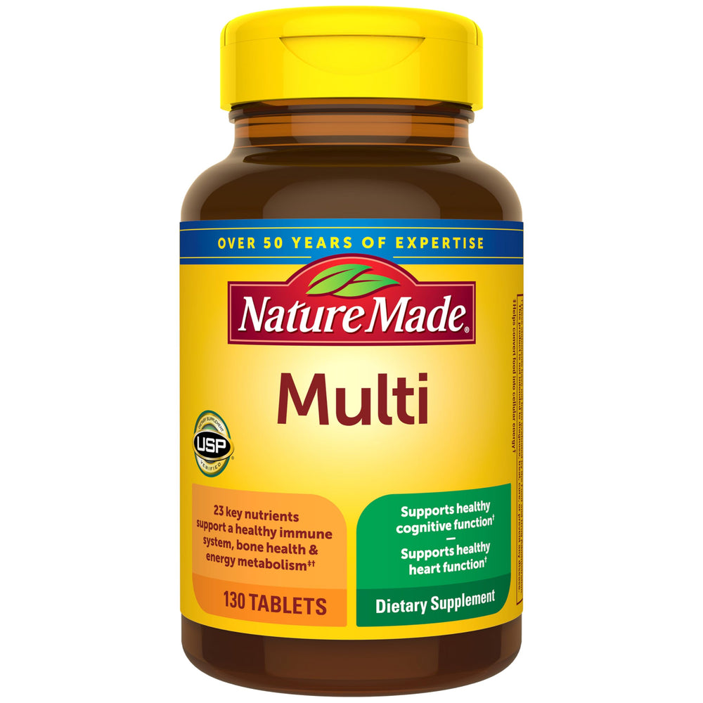Nature Made multivitamin tablets with iron bottle—130-day supply for daily immune and energy support.